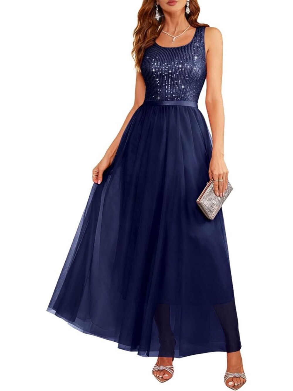 Women's Long Navy A LINE Sequin Silhouette Shimmer Mesh Cocktail Maxi Dress